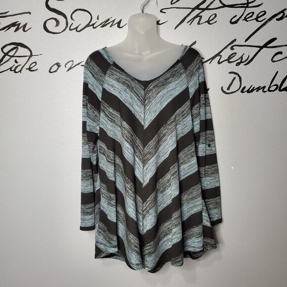 Lapis Women's Plus Size Round V Neck Delaney Stripe Top, Blue, Black & Gray - Picture 1 of 6